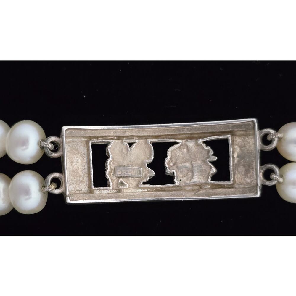 Vintage Mayan Head Sterling Silver Pearl Bracelet 5/8" Wide Signed MO - Picture 5 of 11